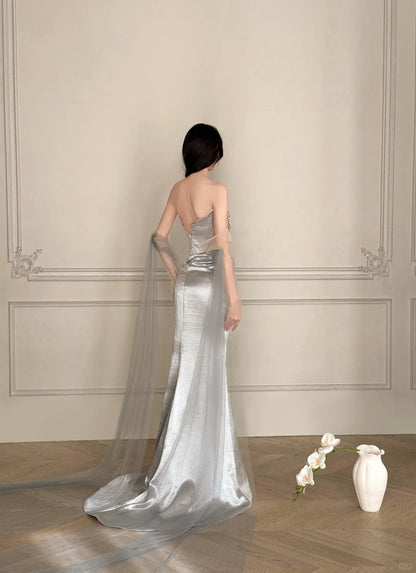 Elegant Silver-Grey Mermaid Strapless Satin Long Prom Dress Evening Dress P4107