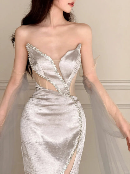 Elegant Silver-Grey Mermaid Strapless Satin Long Prom Dress Evening Dress P4107