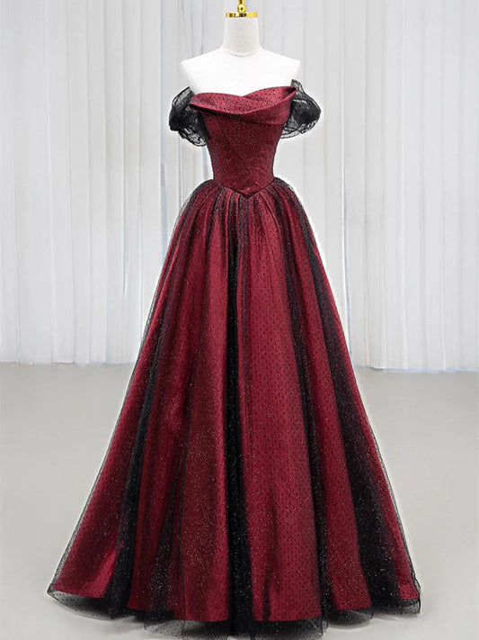 Black and Red Off Shoulder A-line Party Dress, Simple Style Prom Dress Evening Dress