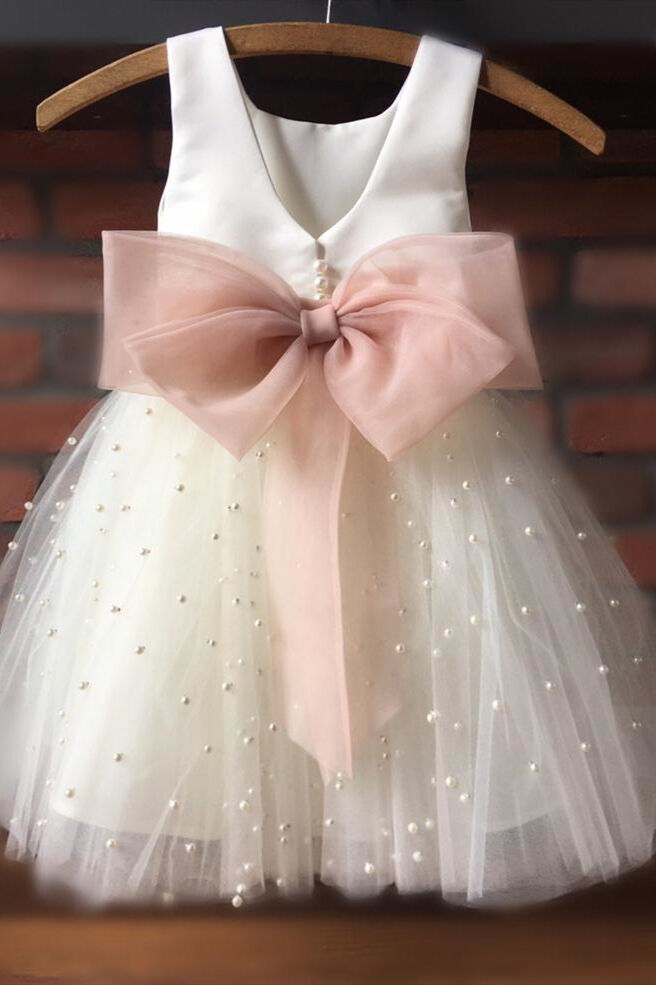 Cute Toddler White Flower Girl Dress with Bowknot Pearl