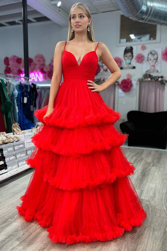omberprom Elegant A-line Evening Dress V-Neck Tulle Prom Dress with Tiered Ruffles