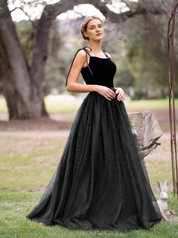 omberprom Elegant Spagatti Straps Evening Dress Velvet Tulle Floor Length Prom Dress