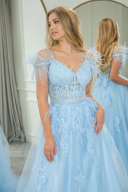 omberprom Fashion A Line Corset Appliqued Long Prom Dress Light Blue With Feathers