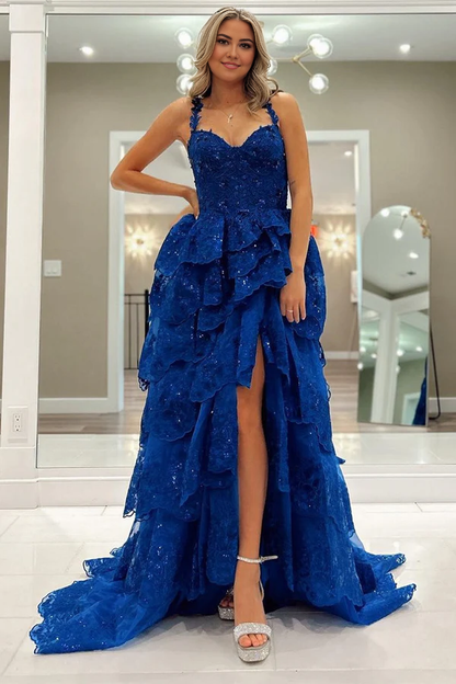 omberprom Elegant Blue Evening Dress Tulle Sequin Sweetheart Ruffle Tiered Long Gown