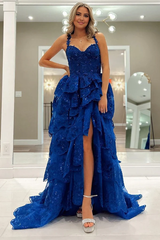 omberprom Elegant Blue Evening Dress Tulle Sequin Sweetheart Ruffle Tiered Long Gown