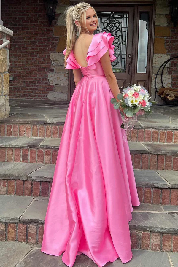 omberprom Evening Dress Hot Pink V-Neck Ruffle A-Line Long Prom Dress