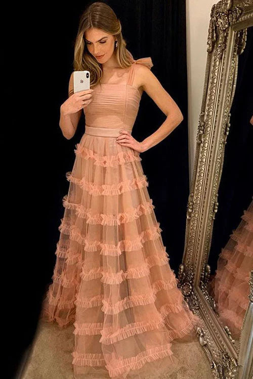 omberprom Elegant Evening Dress Straps Peach Long Prom Dress with Cascading Ruffles