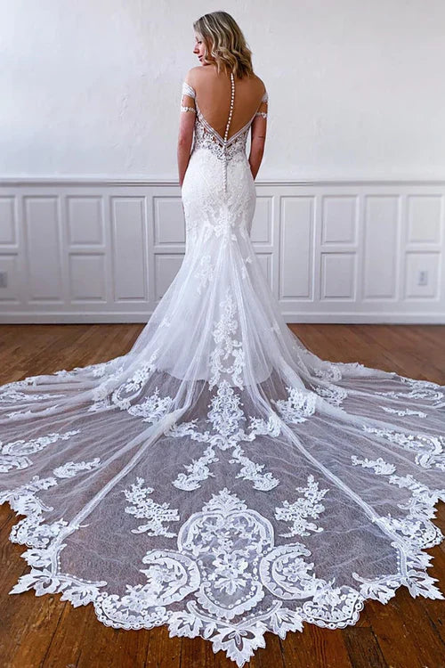 omberprom Elegant Mermaid Off-the-Shoulder Short Sleeves Long Wedding Dresses Lace Bridal Dress