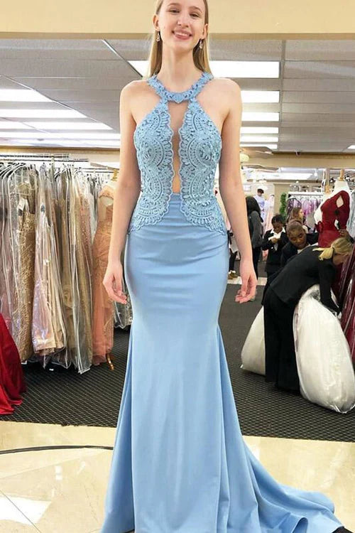 omberprom Elegant Open Back Evening Dress Mermaid Sky Blue Long Prom Dress