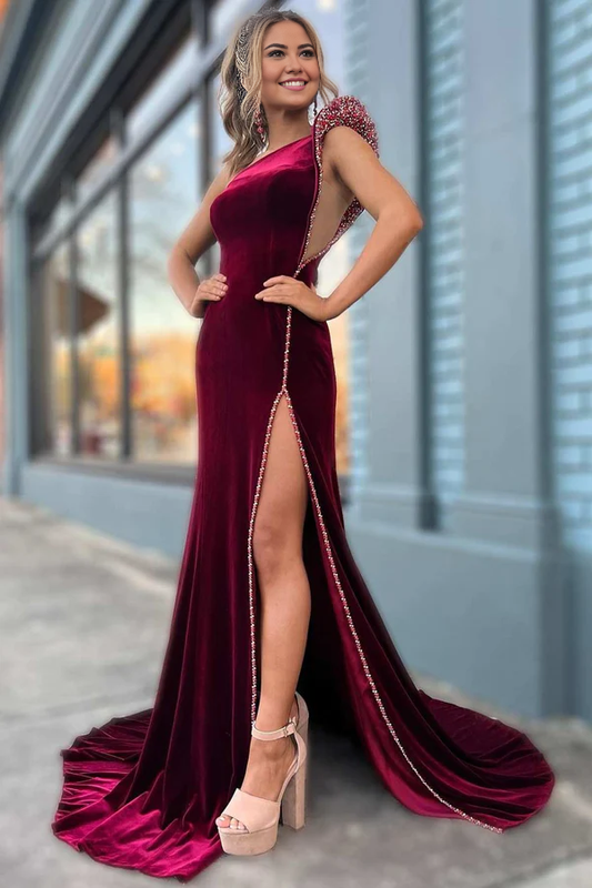 omberprom Fashion Wine Velvet Beaded Evening Dress One-Shoulder Long Formal Dress with Slit