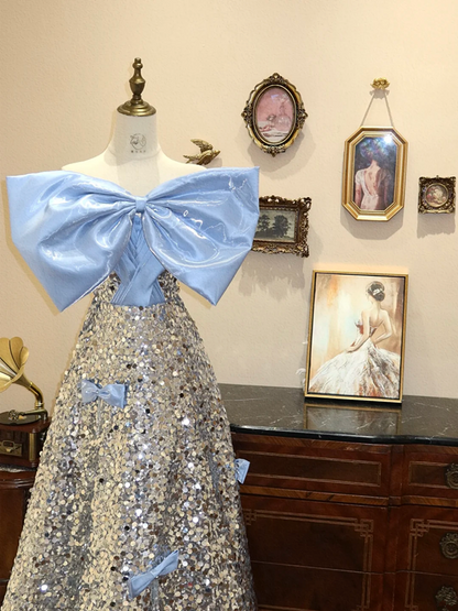 Blue bow-neck ball gown with silver sequined A-line skirt, bridal gown R7167