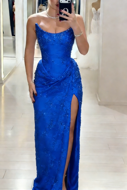 Elegant Strapless Brown Lace Slit Mermaid Prom Dress Long Party Dress SP1350