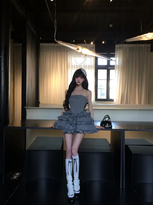 Gray tube top waist cake lace short skirt homecoming dress R5083