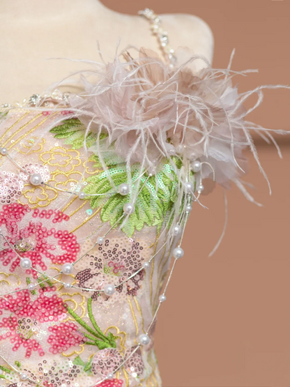 Apricot-colored delicate floral print halter-neck slim-fit elegant ball gown/bridal dress R8490