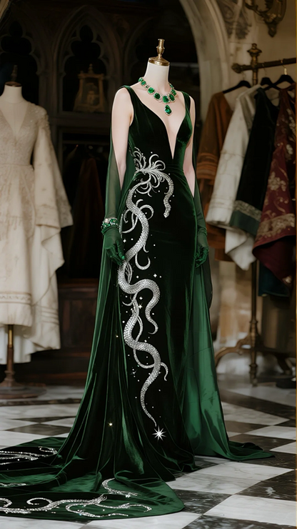 Dark green suspender V-neck slim waist sexy long skirt ball gown R6074