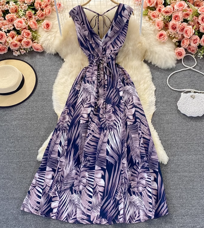 Backless V-neck printed dress for beach vacation, slim waist and long skirt R0360