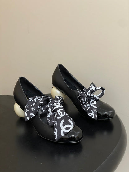 CC 26 Double C Pearl Heel Pump With Silk Ribbon Black Sheepskin 593158