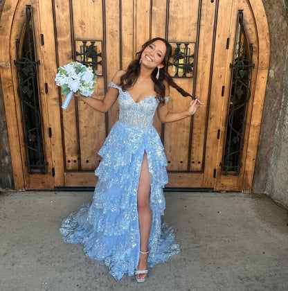 Luxury Off The Shoulder Layers Split Prom Evening Dress