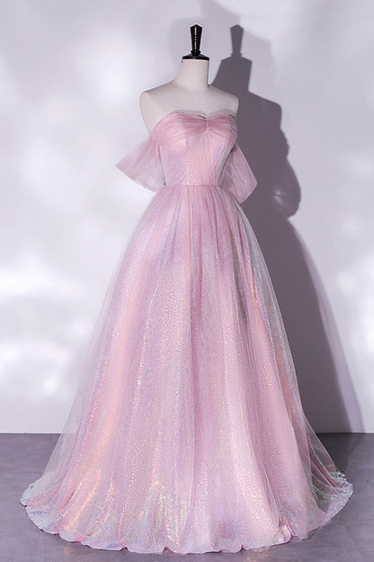 Pink Tulle and Sequins Off Shoulder Long Party Dress, Sweetheart Pink Formal Dress