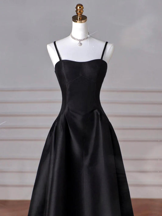 Simple Black A-line Satin Straps Long Party Dress, Black Satin Prom Dress