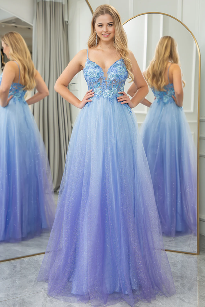 omberprom A Line Long Prom Dress Gradient Tulle With Appliques Sparkly Blue Evening Dress