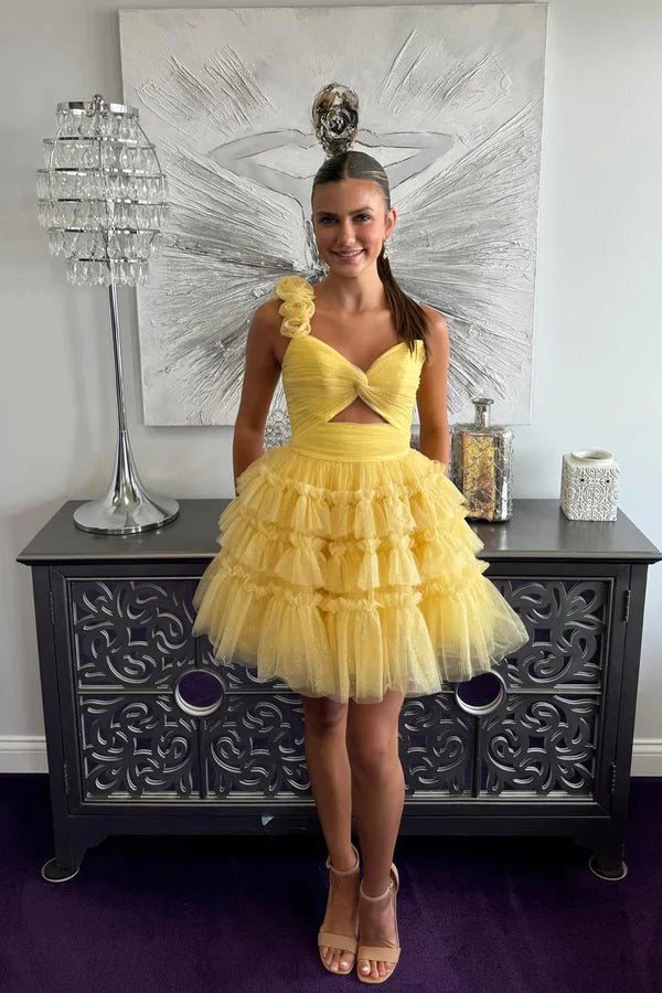 Cute Yellow One-shoulder Tiered Ruffle Design A-line Short Homecoming Dress TP3588