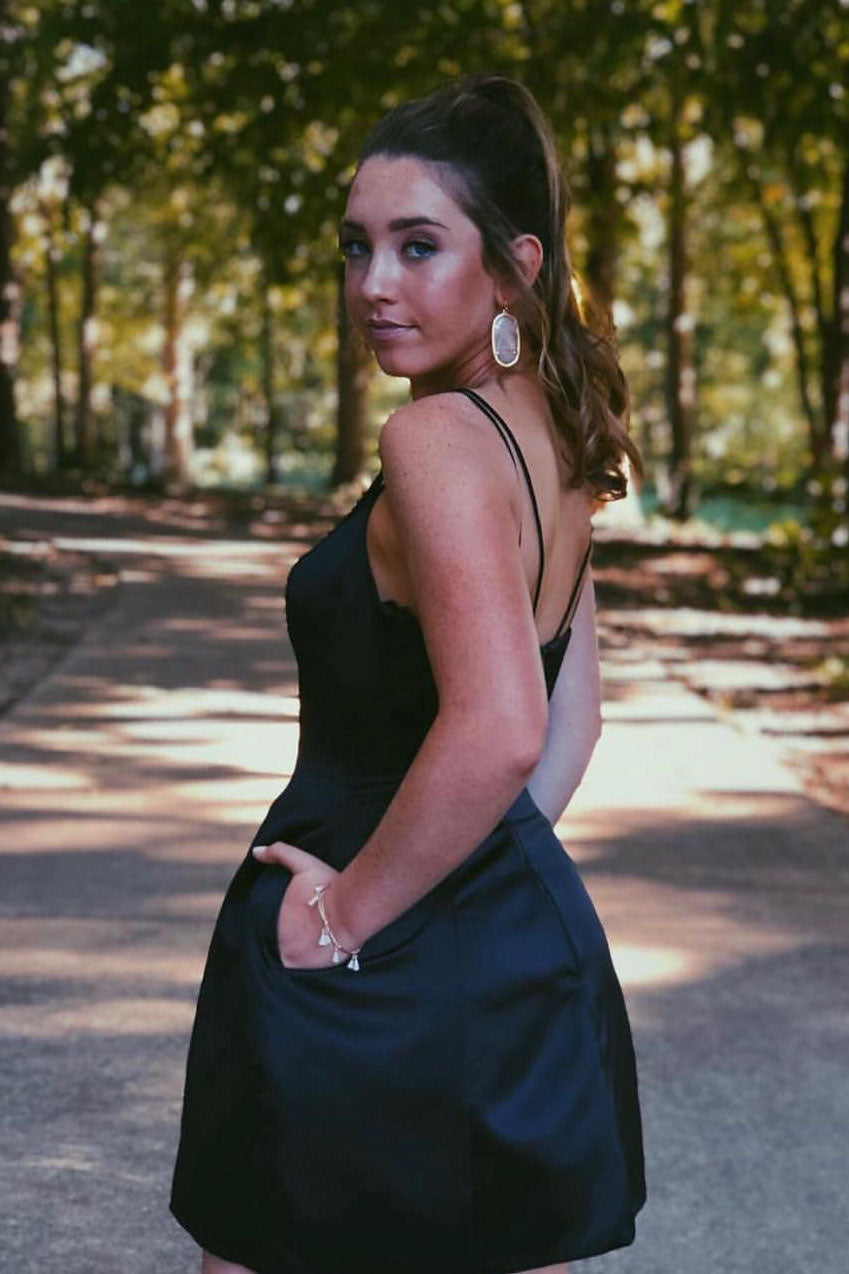 Double Spaghetti Straps Black Satin Short Party Homecoming Dress