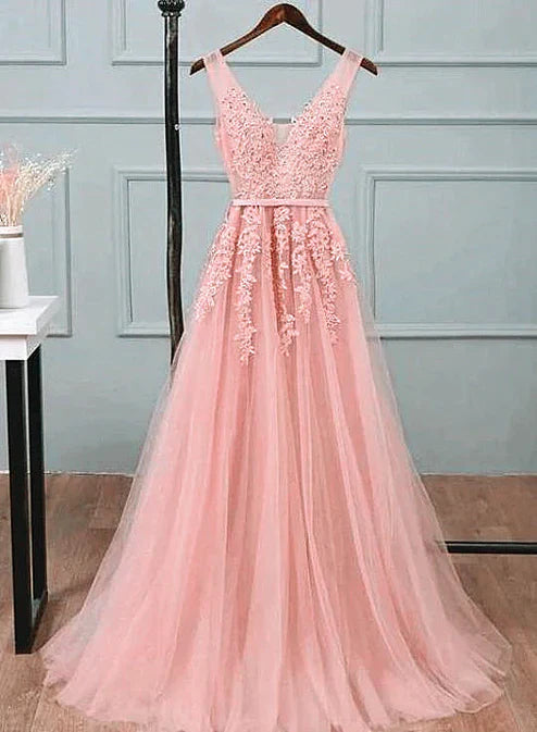 omberprom Tulle A-line Simple Long Party Dress Prom Dress Evening Dress V-neck with Appliques Wholesale