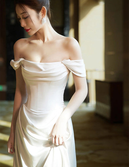 White Satin Sweetheart Off Shoulder Prom Dress, White Long Wedding Party Dress