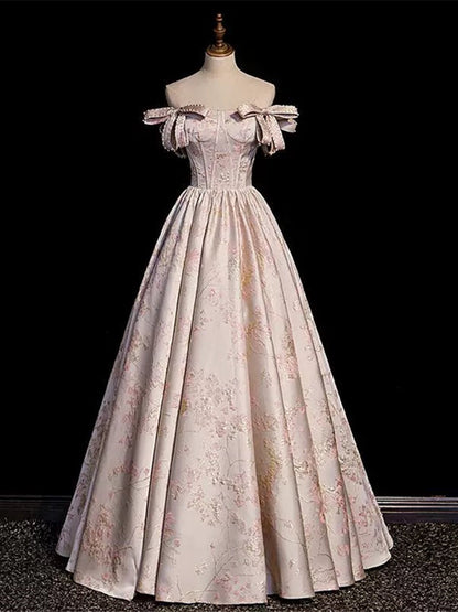 Lovely Pink Statin Off Shoulder Floral Long Party Dress, Pink Sweetheart Prom Dress Evening Dress
