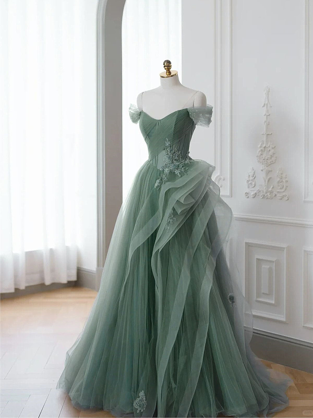 A-line Tulle Sweetheart Off Shoulder Party Dress, Beaded Long Tulle Prom Dress