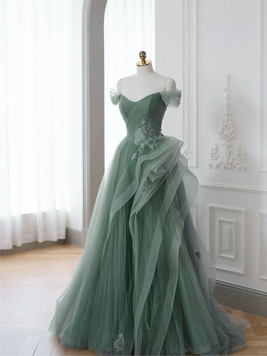 A-line Tulle Sweetheart Off Shoulder Party Dress, Beaded Long Tulle Prom Dress