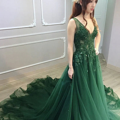 omberprom Low Back Lace V-neckline Party Dress A-line Prom Dress Floor Length Wholesale