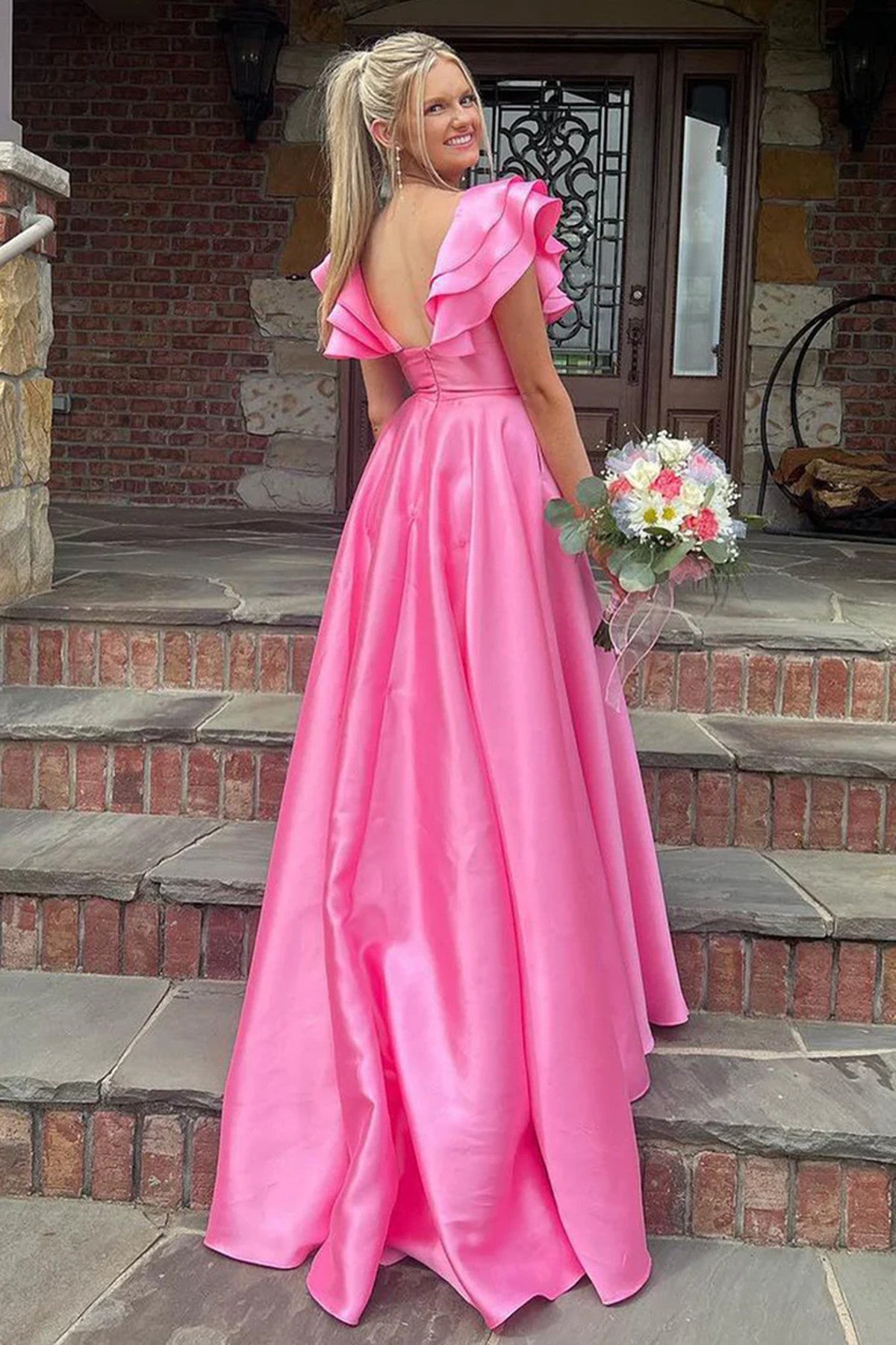 Chic Hot Pink Satin Long Formal Dress, Hot Pink Satin Prom Dress Evening Dress