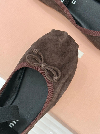 Miu Classic Bow Letter Ballet Flat Dark Brown Suede