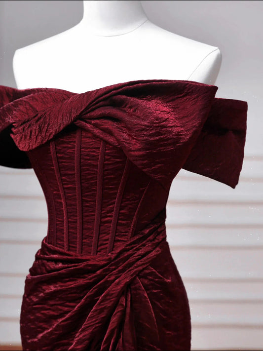 Wine Red Off Shoulder Mermaid Long Evening Dress, Wine Red Formal Dress Prom Dress