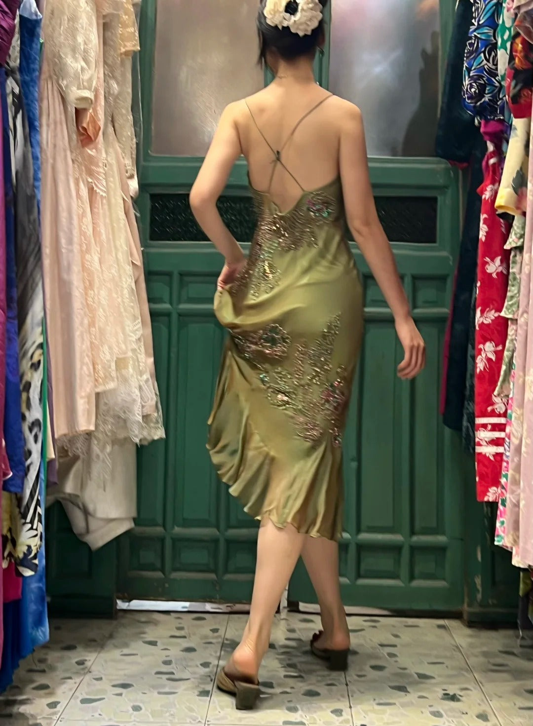 Retro Elegant Olive Green Deep V Backless Cross-Beaded Chiffon Long Prom Dress Evening Dress P4116