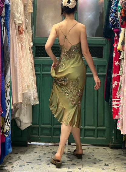 Retro Elegant Olive Green Deep V Backless Cross-Beaded Chiffon Long Prom Dress Evening Dress P4116