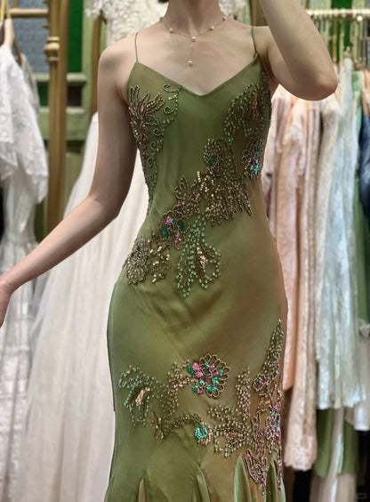 Retro Elegant Olive Green Deep V Backless Cross-Beaded Chiffon Long Prom Dress Evening Dress P4116