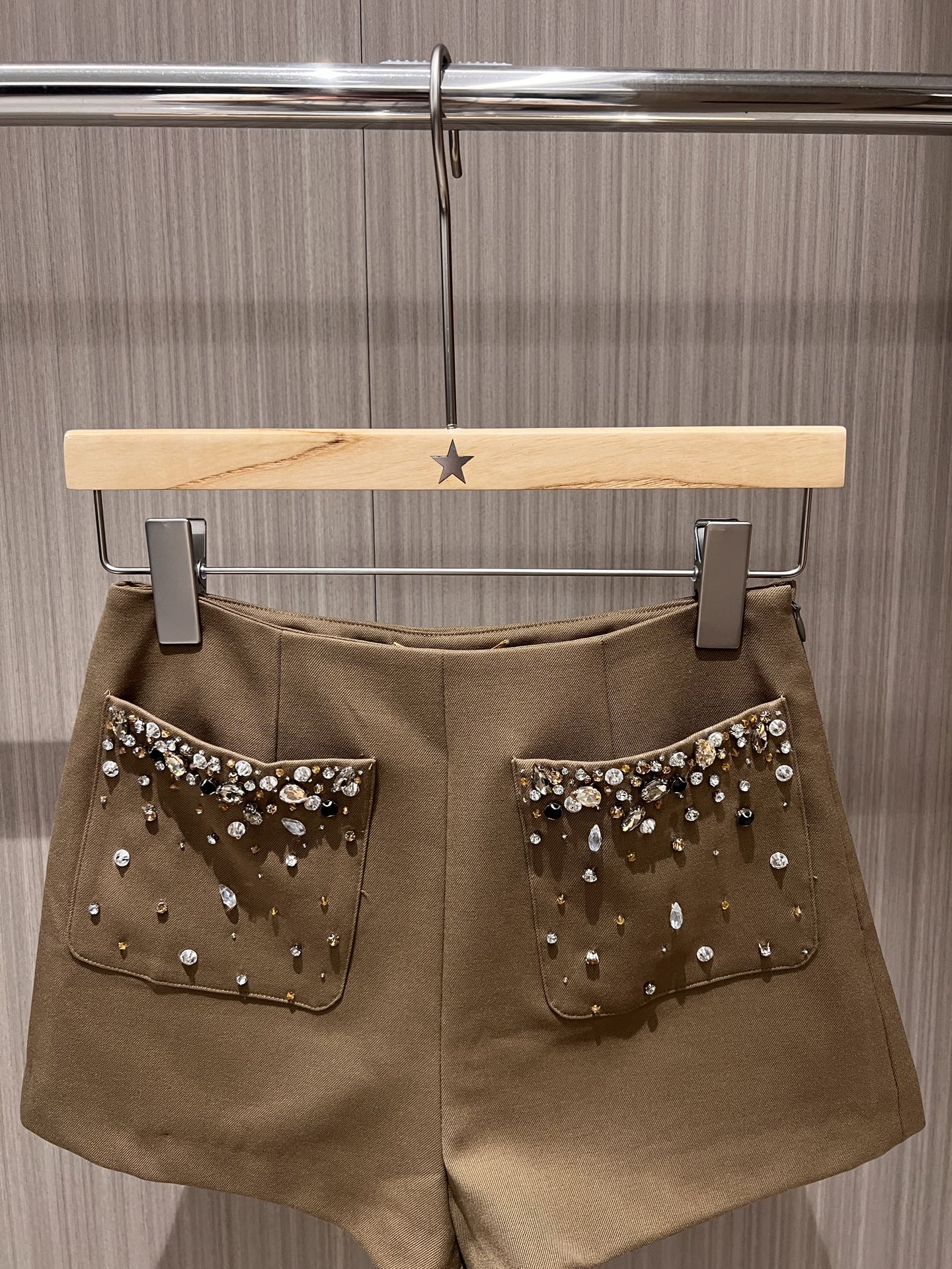 YSL Rhinestone Double Pocket Suit Shorts Light Beige Wool Polyester Rayon