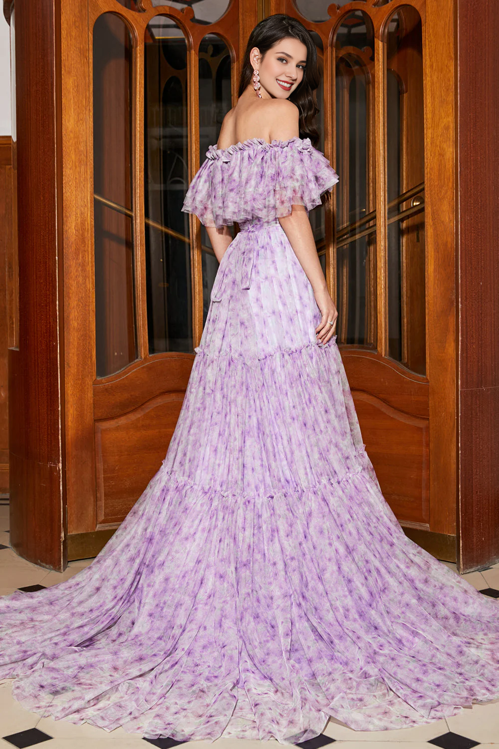 omberprom Gorgeous Floral A Line Evening Dress Off the ShoulderLong Prom Dress with Ruffles