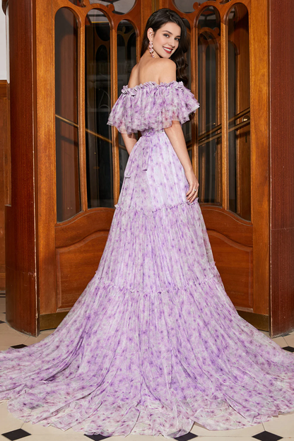 omberprom Gorgeous Floral A Line Evening Dress Off the ShoulderLong Prom Dress with Ruffles