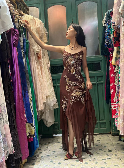 Vintage Brown Irregular Strap Beaded Sequined Prom Dress Evening Dress P4117