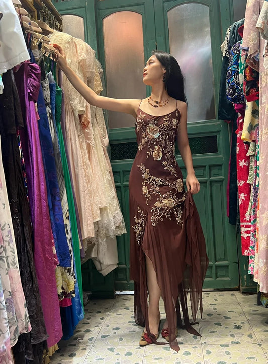 Vintage Brown Irregular Strap Beaded Sequined Prom Dress Evening Dress P4117