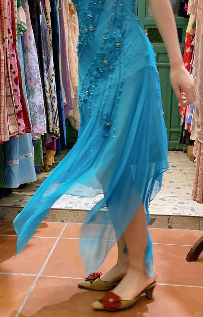 Elegant Blue Irregular Deep V Halter Beaded Chiffon Prom Dress Evening Dress P4118