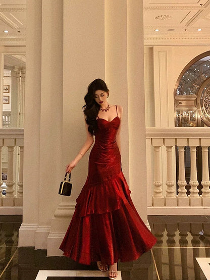 Wine Red Mermaid Straps Satin Chic Party Dress, Wine Red Satin Prom Dress Evening Dress