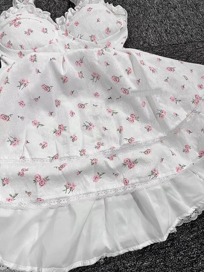 New Fashion Pink Floral Design A-line Sleeveless Spaghetti Strap Tiered Dress TP3291