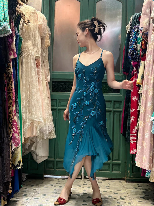 Retro Elegant Peacock Blue Irregular Deep V Halter Embroidered Chiffon Prom Dress Evening Dress P4119