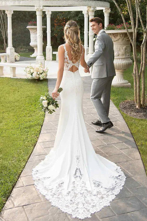 omberprom Elegant Lace Straps Sweep Train Mermaid Wedding Dress