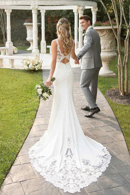 omberprom Elegant Lace Straps Sweep Train Mermaid Wedding Dress